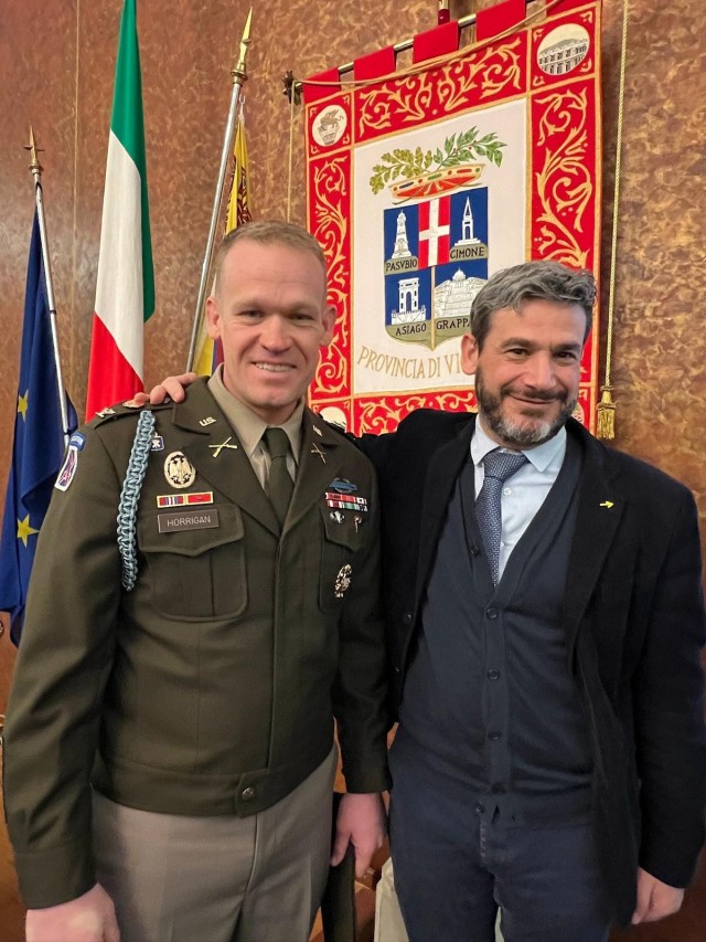 U.S. Army Garrison Italy commander Col. Scott Horrigan met with the President of the Vicenza province Andrea Nardin during an office call at the provincial seat of the 17th century Palazzo Nievo in Vicenza Jan. 24.