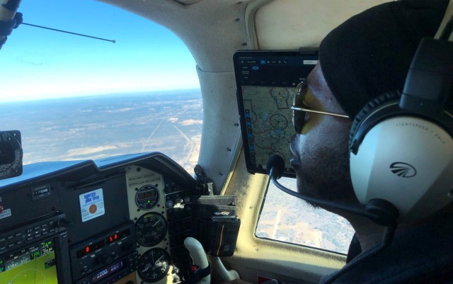 Sgt. 1st Class Lacy Harrell Jr. flies his training aircraft as he works toward his private pilots license. He’s currently taking classes in aviation management and aviation science and is only a few credits away from graduating with a bachelor’s degree. 