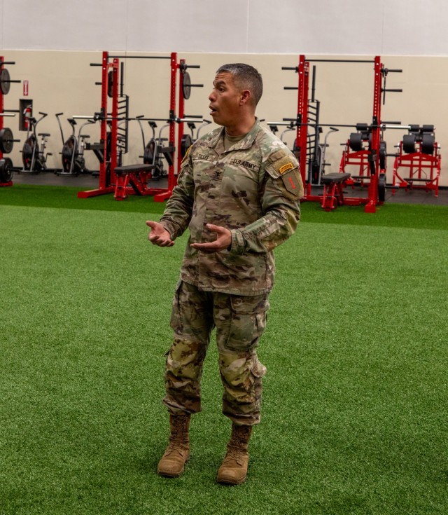 U.S. Army Col. Terry Tillis, the deputy commanding officer for maneuver of the 1st Infantry Division and Fort Riley, speaks at the opening of the updated Long Fitness Center. Tillis encourages Soldiers to utilize the new facility and its brand new equipment.(U.S. Army photo by Pfc. Autumn Johnson)
