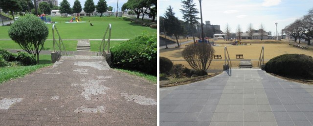 Before and after photos of the barbeque area at Dewey Park on Camp Zama. Community members can now reserve a spot in the area after new flooring was recently installed in the communal gathering space. The project, which took almost six months to complete, replaced an aging floor with interlocking blocks that had previously been deteriorating and causing rainwater to collect.