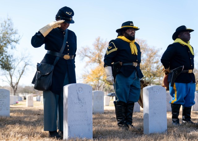 The Department of Veterans Affairs National Cemetery Administration honored 17 black World War I Soldiers of the 3rd Battalion, 24th Infantry Regiment who were executed following three courts martial of 110 black Soldiers charged with murder and mutiny in the 1917 'Houston Riots' on Feb. 22, 2024, in San Antonio, Texas.