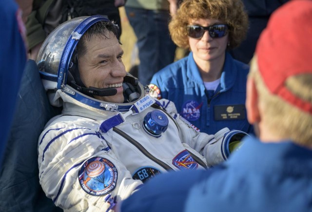 NASA astronaut Frank Rubio is seen outside the Soyuz MS-23 spacecraft after he landed with cosmonauts Sergey Prokopyev and Dmitri Petelin in a remote area in Kazakhstan, Sept. 27, 2023. The trio are returning to Earth after logging 371 days in space as members of Expeditions 68-69 aboard the International Space Station. 