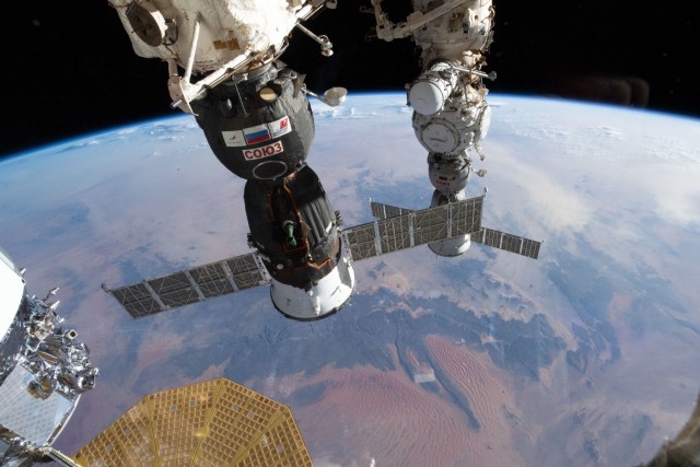 The Soyuz MS-24 spacecraft (foreground) that carried NASA astronaut Loral O'Hara and Roscosmos cosmonauts Oleg Kononenko and Nikolai Chub to the International Space Station is pictured docked to the Rassvet module. In the rear, is the Soyuz MS-23 crew ship, docked to the Prichal docking module, that will return NASA astronaut Frank Rubio and Roscosmos cosmonauts Sergey Prokopyev and Dmitri Petelin back to Earth on Sept. 27. 