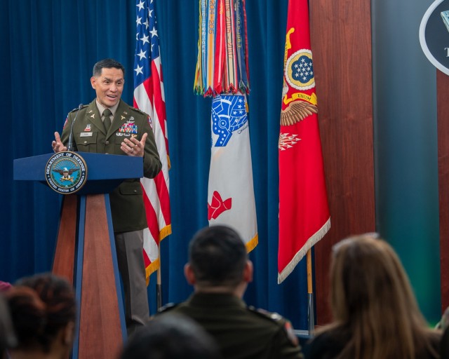 U.S. Army Col. Frank Rubio, a NASA astronaut, addresses the audience after being awarded the Army Astronaut Device during a pinning ceremony at the Pentagon Press Briefing Room, in Arlington, Va., Feb. 22, 2024. Secretary of the U.S. Army Christine E. Wormuth presented the award to Rubio for holding the U.S. record for the most days in space for a single spaceflight. Rubio returned to Earth on Sept. 27, 2023, aboard a Russian Soyuz spacecraft, after serving 371 days aboard the International Space Station. With this award, Rubio joins Col. Anne McClain and Col. Andrew Morgan as the only active-duty Soldiers authorized to wear the device.  (U.S. Army photo by Sgt. Deonte Rowell)