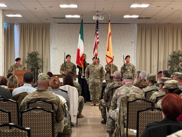 Command Sgt. Major Ricardo Moreno gives his remarks at his assumption of responsibility ceremony for U.S. Army Garrison Italy at the Golden Lion on Caserma Ederle.
