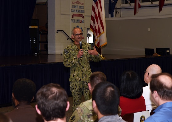 JOINT BASE SAN ANTONIO-FORT SAM HOUSTON – (March 25, 2024) – Rear Adm. Guido Valdes, commander, Naval Medical Forces Pacific (NMFP), held a townhall meeting at the Military and Family Readiness Center during his official visit to Naval Medical Research Unit (NAMRU) San Antonio. Valdes, who serves as the Chief of Navy Medical Corps, has oversight of 10 Navy Medicine Readiness and Training Commands on the West Coast and Pacific Rim as well as Navy Medicine's eight global research labs. Valdes also serves under the Defense Health Agency (DHA) as the director of the Defense Health Network Pacific Rim where he oversees the delivery and integration of healthcare at nine medical treatment facilities (MTF) on the West Coast and Pacific Rim. NAMRU San Antonio’s mission is to conduct gap driven combat casualty care, craniofacial, and directed energy research to improve survival, operational readiness, and safety of Department of Defense (DoD) personnel engaged in routine and expeditionary operations. It is one of the leading research and development laboratories for the U.S. Navy under the DoD and is one of eight subordinate research commands in the global network of laboratories operating under the Naval Medical Research Command in Silver Spring, Md. (U.S. Navy photo by Burrell Parmer, NAMRU San Antonio Public Affairs/Released)