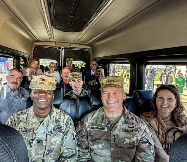 Fort Cavazos leadership pose inside of the new Cavazos Connector March 2, 2024, after the conclusion of the ribbon cutting ceremony at the Community Events Center. (U.S. Army photo by Darren Cinatl, Fort Cavazos Public Affairs)