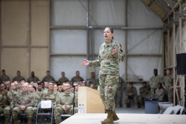 Lt. Gen. Jody Daniels, Chief of Army Reserve and Commanding General U.S. Army Reserve Command, conducts battlefield circulation in the CENTCOM AO, visiting U.S. Army Reserve Soldiers serving at Camp Arifjan and Camp Buehring, Kuwait, January 22-23, 2024.
