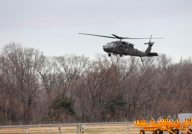 A UH-60 Black Hawk helicopter from the U.S. Army Aviation Battalion Japan simulates an in-flight emergency and subsequent hard landing as part of an aircraft exercise at Camp Zama, Japan, March 7, 2024.
