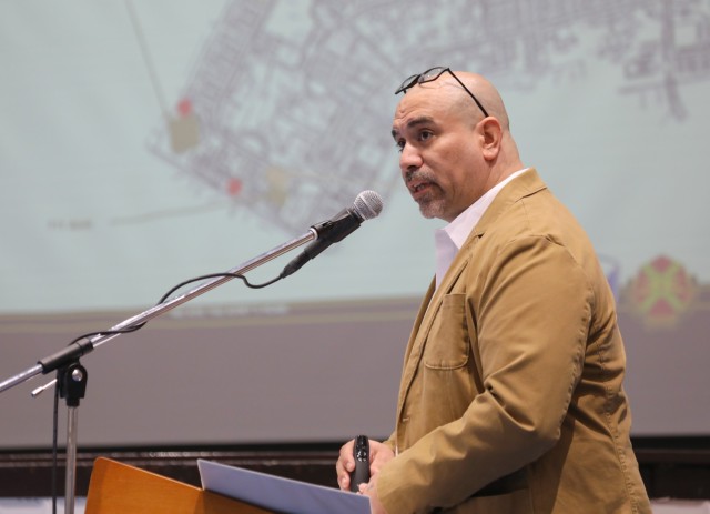Jesus Chavarria, housing division chief, provides housing updates during a town hall inside Kizuna Hall at Camp Zama, Japan, March 7, 2024. Col. Marcus Hunter, commander of U.S. Army Garrison Japan, hosted the meeting along with Command Sgt. Maj. David A. Rio, garrison senior enlisted leader, and Jenifer L. Peterson, deputy garrison commander.