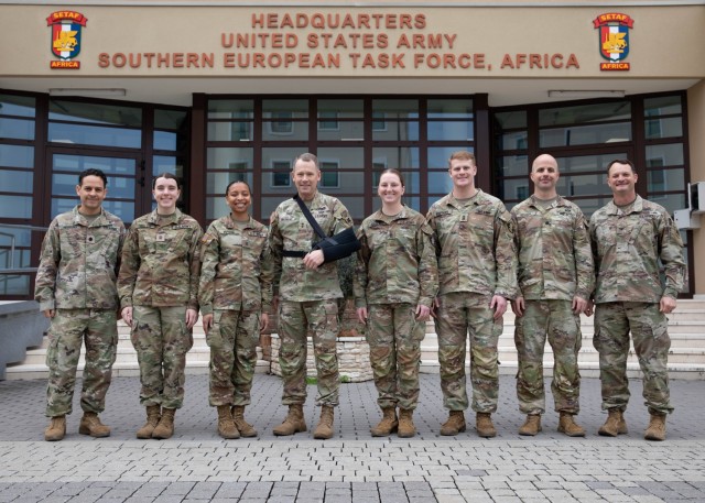 From left, West Point Lt. Col. Christian Robbins, cadet Kacy Colletto, cadet Maya Peyton, Maj. Gen. Todd R. Wasmund, cadet Elizabeth Caldwell, cadet Trey Stephens, Lt. Col. Adam Brady, and Col. Robert Hilliard pose for a photo during a visit at Caserma Del Din in Vicenza, Italy, March 8, 2024. The visit is part of the Environmental Engineering Capstone partnership which challenges students to work in teams to identify, formulate and solve a complex engineering problem over the academic year. (U.S. Army photo by Spc. Ebony Neal)