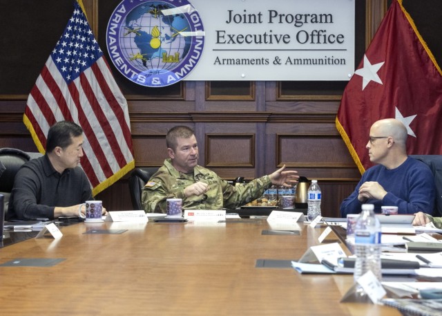 PICATINNY ARSENAL, N.J. - (from left) - Young Bang, Principal Deputy Assistant Secretary of the Army Acquisition, Logistics and Technology (AL&T), Maj. Gen. John T. Reim, Picatinny Arsenal Commanding General and Joint Program Executive Officer for Armaments and Ammunition (JPEO AA), and Paul W. Farnan, Principal Deputy Assistant Secretary of the Army. 