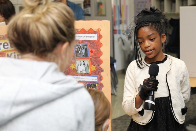 Ashley Gibson, a fourth grader at Arnn Elementary School, portrays Coretta Scott King during a living wax museum event inside the school at Sagamihara Family Housing Area, Japan, March 21, 2024. Gibson was one of several fourth graders to dress up as their favorite historical figure for the museum, the culminating event of a school project that began in the fall. 