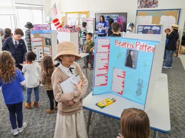 Arnn Elementary School fourth graders dress up as their favorite historical figure during a living wax museum event inside the school at Sagamihara Family Housing Area, Japan, March 21, 2024.