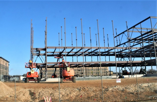 The construction area for a new $28.08 million barracks building is shown Feb. 27, 2024, at Fort McCoy, Wis., as framing of the building takes place. The contractor for the project, Blinderman Power (Construction), received the notice to proceed with construction on Sept. 26, 2023, and has 780 calendar days to complete the project.