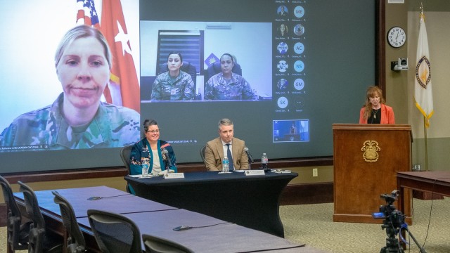 Michelle Garcia, Assistant Professor, Department of Command & Leadership, Command and General Staff College, introduces virtual and in-person guests during the Women, Peace, and Security panel March 7
