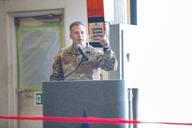 Lt. Gen. Sean C. Bernabe, III Armored Corps and Fort Cavazos commander peaks to those gathered for the microgrid ribbon cutting ceremony Feb. 23 at Robert Gray Army Airfield. (U.S. Army photo by Blair Dupre, Fort Cavazos Public Affairs)