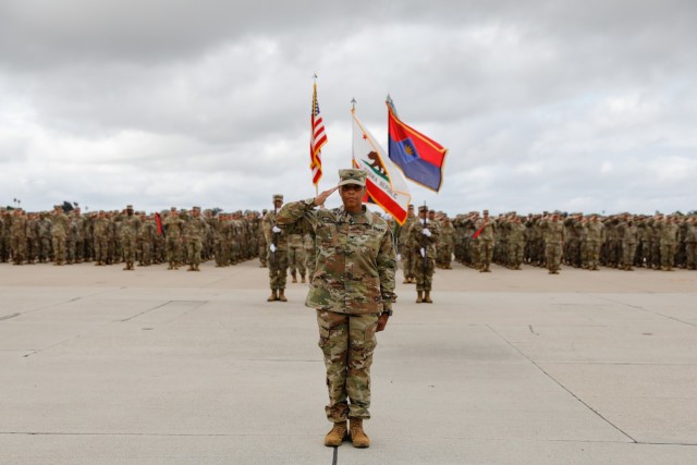 Then-Col. Robin Hoeflein, chief of staff of the 40th Infantry Division, California Army National Guard, salutes during the 40th Infantry Division deployment ceremony at Joint Forces Training Base Los Alamitos, Los Alamitos, Calif., June 11, 2023.