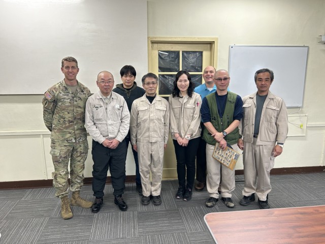 Col. Marcus Hunter, left, U.S. Army Garrison Japan commander, poses with members of the garrison's Directorate of Public Works team during a recent two-day trip to the Kure Ammunition District in Hiroshima, Japan. Hunter thanked the members for their hard work maintaining the facilities and ensuring continued mission success at Kure.