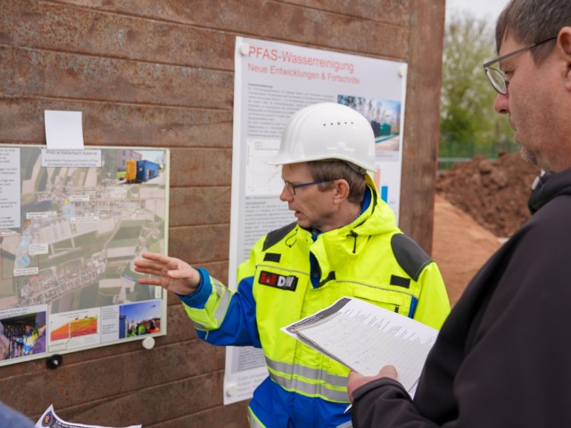 ANSBACH, Germany (April 10, 2024) U.S. Army Garrison Ansbach (USAG) Remediation Manager, Stephan Haas, speaks with members of local media about the garrison's per- and polyfluorinated chemicals (PFAS) remediation efforts at the groundbreaking event for the installation's Pump and Treat facility on Katterbach Kaserne. The USAG Ansbach PFAS Pump and Treat system will include not only the 21 measuring points within the U.S. Army footprint, but also measuring points within the city of Ansbach and the surrounding area. USAG Ansbach is a U.S. Army Power Projection Platform consisting of aviation, engineering, and artillery assets spread across nine kasernes in the heart of Middle Franconia, Germany. (U.S. Army photo by Jonathan Bell/Released)