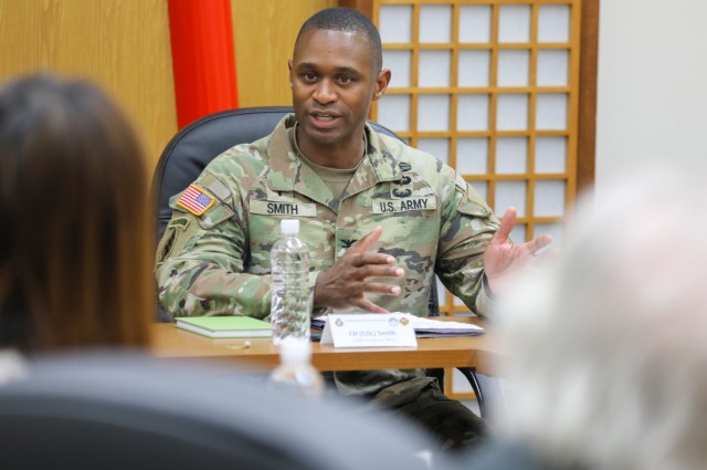 Col. J.P. Smith, command chaplain for U.S. Army Japan, speaks with members of the Tokyo Interfaith Council during their visit to Camp Zama, Japan, April 11, 2024. Council members and two Navy chaplains toured the installation while everyone exchanged information and ideas on how they can assist each other. 