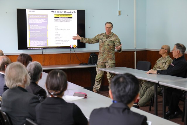 Lt. Col. Damon Saxton, chaplain for U.S. Army Garrison Japan, briefs members of the Tokyo Interfaith Council during their visit to Camp Zama, Japan, April 11, 2024. Council members and two Navy chaplains toured the installation while everyone exchanged information and ideas on how they can assist each other. 