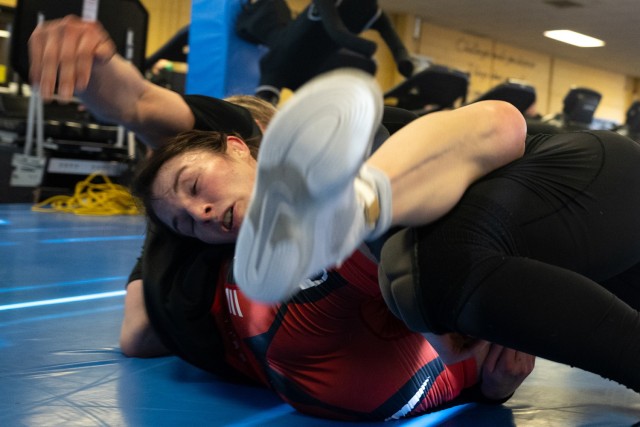 Olympic hopeful Army Sgt. Ariana Villaescusa of the Army World Class Athlete Program trains with a teammate at Fort Carson, Colo. on March 12, 2024. (DoD photo by EJ Hersom) 