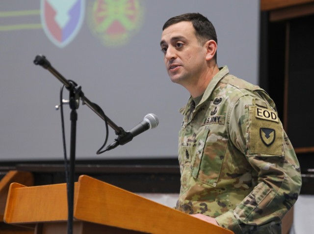 Command Sgt. Maj. David A. Rio, senior enlisted leader for U.S. Army Garrison Japan, speaks during an off-post housing realtors conference at Camp Zama, Japan, March 28, 2024. The garrison held the forum to strengthen its partnership with Japanese realtors in an effort to increase housing options outside the gate.