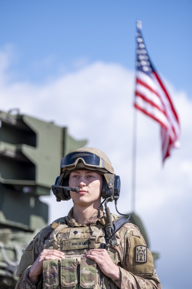 Air Defenders from Charlie Battery, 5th Battalion, 4th Air Defense Artillery Regiment, participate in a combined arms live-fire and radio rodeo for Saber Strike in Bemowo Piskie Training Area, Poland, in April 2024. Saber strikes one of the three sub-exercises that comprise DEFENDER24. 