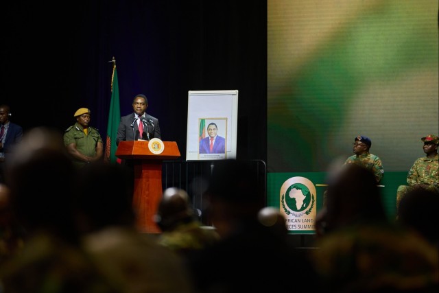President of the Republic of Zambia and Commander-in-Chief of the Defence Force Mr. Hakainde Hichilema addresses the attendees of the African Land Forces Summit 2024