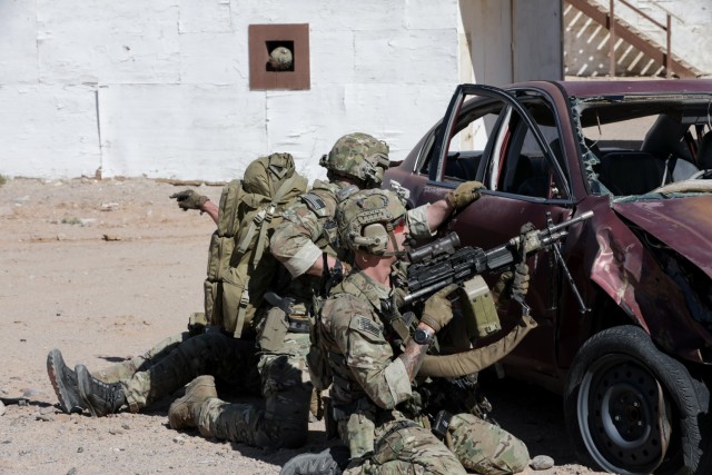 U.S. Army Rangers assigned to the 75th Ranger Regiment take part in a series of human machine integration experiments testing crewed and uncrewed drones and wheeled vehicles at Project Convergence Capstone 4 at Fort Irwin, Calif., March 11, 2024.