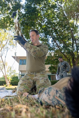Australian Army Sgt. Sean O’Regan, a medical technician with 1st Health Battalion, 2nd Health Brigade, prepares to draw blood during Valkyrie emergency fresh whole blood transfusion training at Robertson Barracks, Darwin, NT, Australia, May 16, 2024. The Valkyrie program enables military units to self-supply blood through emergency donor panels by adequate training, rehearsal, and preparation, gaining the skills and knowledge to efficiently collect whole blood, and conduct blood transfusions in the event of a casualty. (U.S. Marine Corps photo by Cpl. Juan Torres)