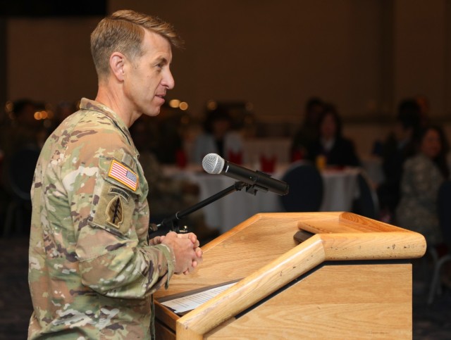 Col. Marcus Hunter, commander of U.S. Army Garrison Japan, provides opening remarks during a National Day of Prayer breakfast May 9, 2024, at the Camp Zama Community Club in Japan. More than 100 community members attended the event that had several chaplains offer prayers and a motivational speaker share his story of overcoming adversity.