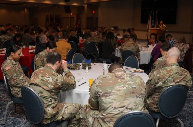 More than 100 community members attended a National Day of Prayer breakfast May 9, 2024, at the Camp Zama Community Club in Japan to show appreciation for the right to freely practice one’s faith. Col. Marcus Hunter, commander of U.S. Army Garrison Japan, hosted the event that had several chaplains offer prayers and a motivational speaker share his story of overcoming adversity. 