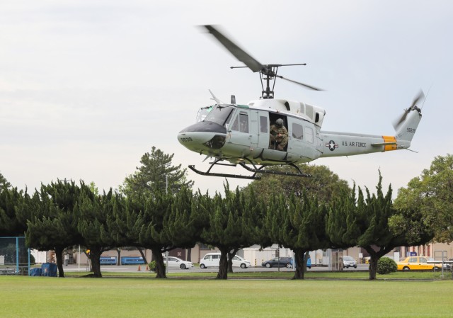 Air Force Chief Master Sgt. Leon Calloway, senior enlisted adviser for U.S. Forces Japan, arrives on a helicopter to Yokohama North Dock, Japan, May 14, 2024. Calloway conducted a tour of the small installation as part of his ongoing site visits to better understand joint missions in the country.