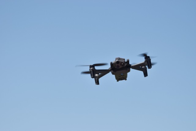 A drone hovers in the air May 14, 2024,  at a training area at Fort Cavazos, Texas. The Fort Cavazos Fire Department formed a drone team this year to assist in operations. The team had their first missions May 5, successfully assisting in rescuing a total of 42 Soldiers in two different operations. 