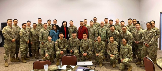 Then Maj. Gen. Mark Toy, deputy chief of staff at the United Nations Command, engages with Asian American, Native Hawaiian, and Pacific Islander Soldiers during a leadership development panel in South Korea, Nov. 19, 2020. These were the initial events set up by the Asian and Pacific Islander Army Officers group to help Soldiers with professional development, mentoring and community building.