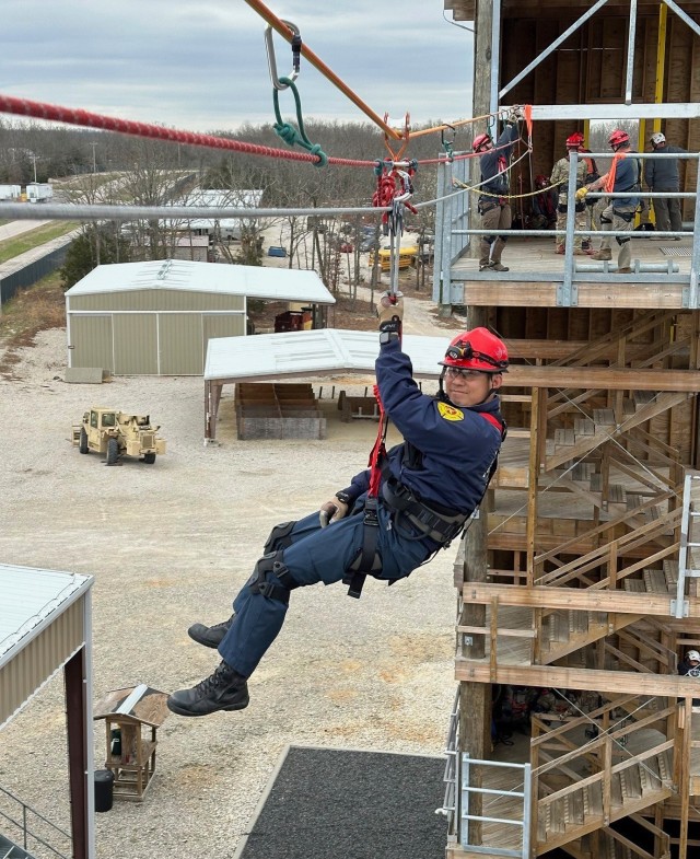 Assistant Chief Masahiro Watanabe, who works for U.S. Army Garrison Japan, conducts a rope exercise during an urban search and rescue course at Fort Leonard Wood, Mo. Watanabe and Capt. Takanori Saito, a fire crew chief for USAG Japan, became the first international students to graduate the six-week course in late April 2024.
