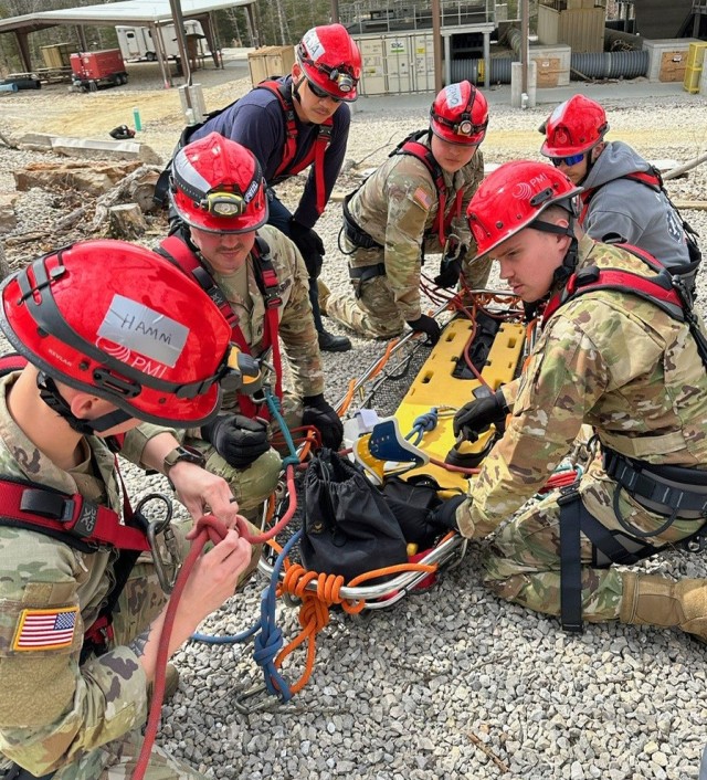 Assistant Chief Masahiro Watanabe, top left, who works for U.S. Army Garrison Japan, conducts training with other students during an urban search and rescue course at Fort Leonard Wood, Mo. Watanabe and Capt. Takanori Saito, a fire crew chief for USAG Japan, became the first international students to graduate the six-week course in late April 2024.