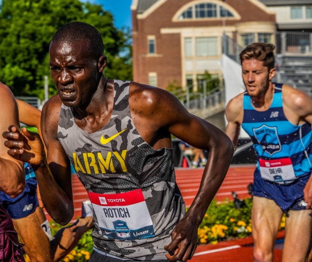 Spc. Anthony Rotich, a Track & Field Soldier-athlete assigned to the World Class Athlete Program, competes in the Men's 3000m Steeplechase at the 2022 USA Track and Field Outdoor Championships, Eugene, Oregon, June 23-26, 2022. Rotich qualified for finals, and placed 5th. 