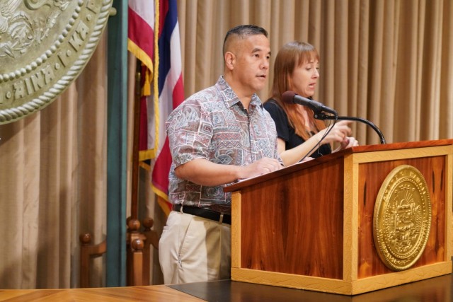 Maj. Gen. Kenneth Hara, Adjutant General of the State of Hawaii and Director of the Hawaii Emergency Management Agency provides remarks after being assigned the role as the incident commander for Hawaii’s COVID-19 response. March 16, 2020, Honolulu Hawaii. “This move aligns the state’s emergency response to the federal structure, and it brings added capacity and federal resources to help the state,” said Director Hara.