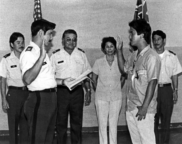 Kenneth S. Hara swears into the Hawaii National Guard May 4, 1984. Hara has served for more than 40 years as a mechanic, pilot, infantry office and adjutant general. 