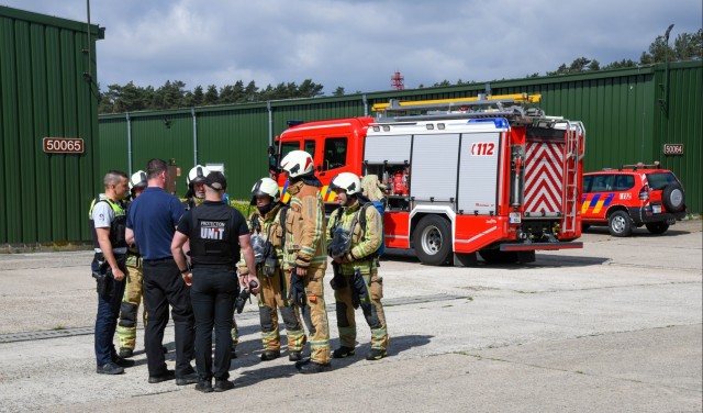 U.S. Army Garrison Benelux personnel and Belgian emergency responders react to an accident scenario.