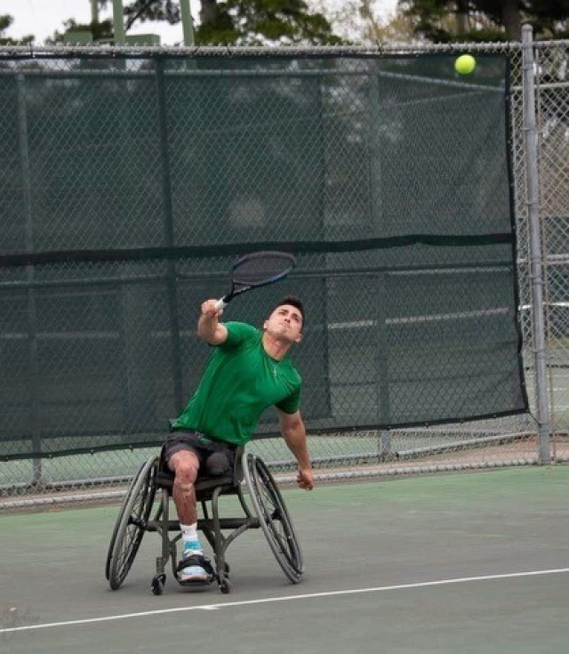 Spc. (Ret.) Dez Del Barba enjoys playing tennis as he tries to heal. 