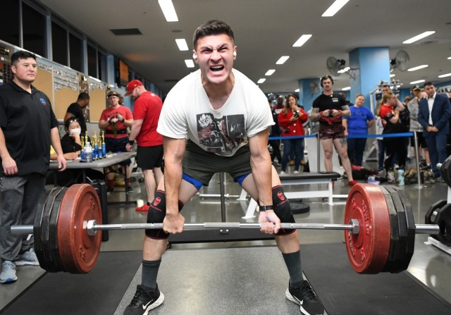 A competitor participates in the “SWOLE Push and Pull” bench press and deadlift competition inside Yano Fitness Center at Camp Zama, Japan, Dec. 6, 2023. The event was part of the Commander's Cup program, which the U.S. Army Garrison Japan team recently won for the third year in a row.