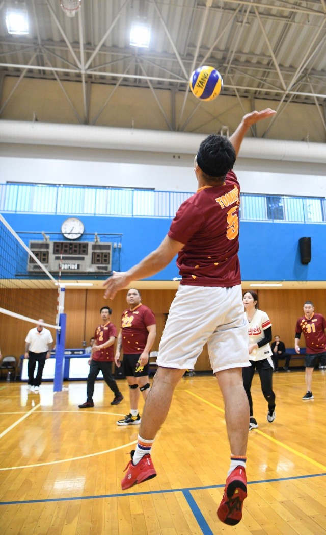 U.S. Army Garrison Japan team members compete in a volleyball tournament at Yano Fitness Center as part of the Commander’s Cup program at Camp Zama, Japan, May 21, 2024. USAG Japan recently won the yearlong program for the third year in a row.