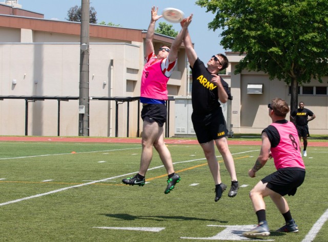 Ultimate frisbee players compete in a game during Army Week festivities at Camp Zama, Japan, June 11, 2024. Personnel across U.S. Army Japan celebrated the Army’s 249th birthday with some friendly competition in various sports activities.