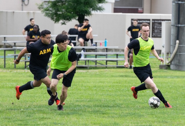 U.S. Army Japan personnel compete in a soccer match during Army Week festivities in celebration of the Army birthday at Camp Zama, Japan, June 10, 2024.