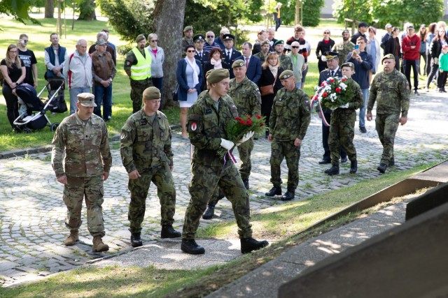 Virginia, Kentucky and West Virginia National Guard Soldiers and members of the Czech Armed Forces participate in a Victory in Europe celebration held May 8, 2024, in Hranice, Czech Republic.