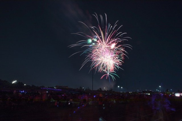 Fireworks go off in the night sky.
